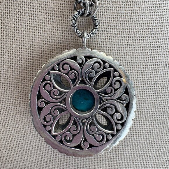 Sterling Silver 925 Turquoise Bezel Set Circle Pendant Necklace Size 18" Length - Picture 5 of 12